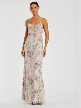 Mac Duggal Ivory Floral Embellished Spaghetti-Strap Gown (straps taken off)
